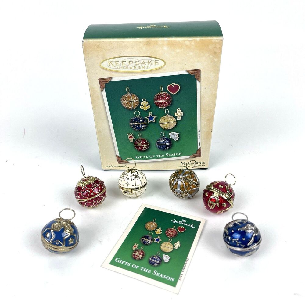 VTG Hallmark Gifts of the Season 6 Mini Hinged Metal enamel Christmas Ornaments